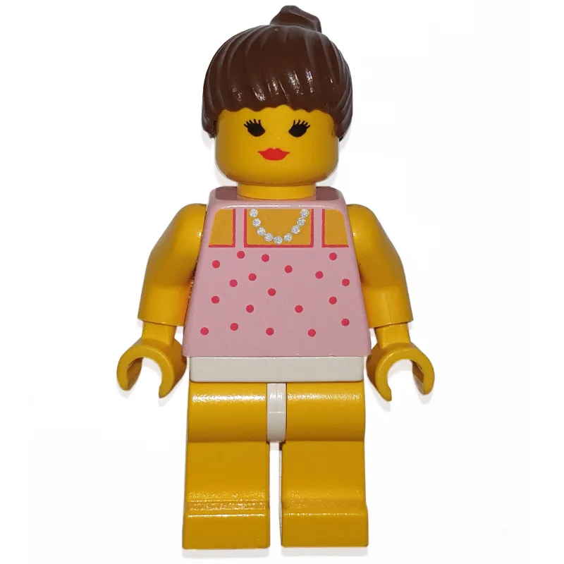 Woman, Pink Top with Spots, Yellow Legs, Brow… — minifigurine LEGO | Brick Broker