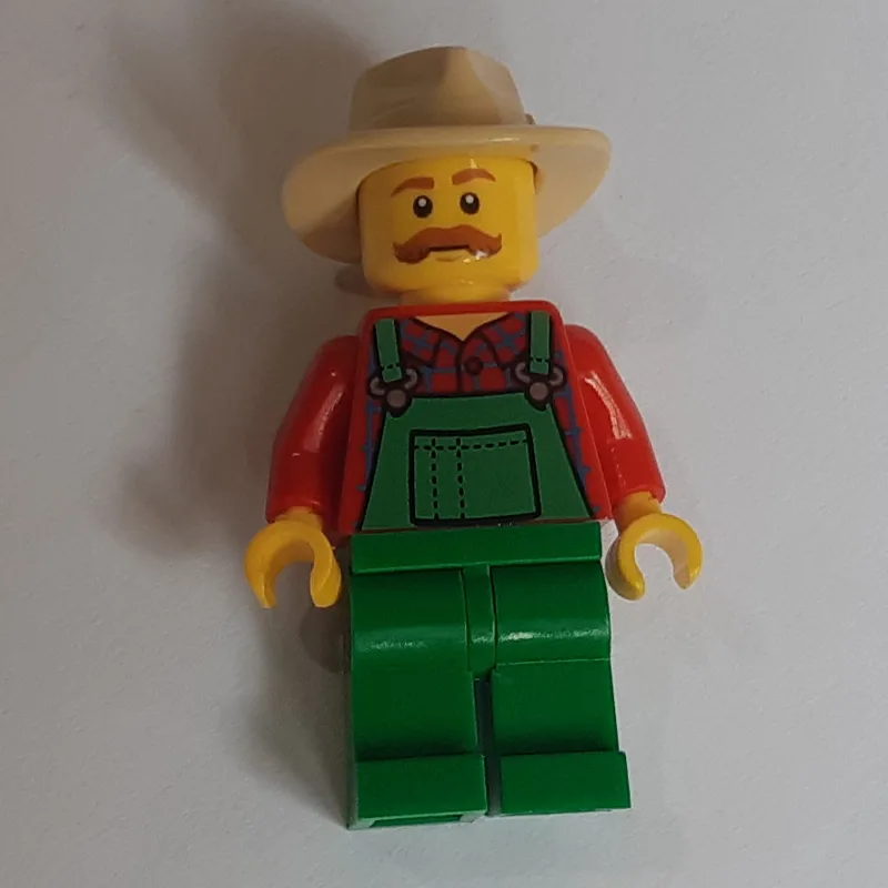 Man, Green Overalls over Red Shirt, Tan Wide… — minifigurine LEGO | Brick Broker