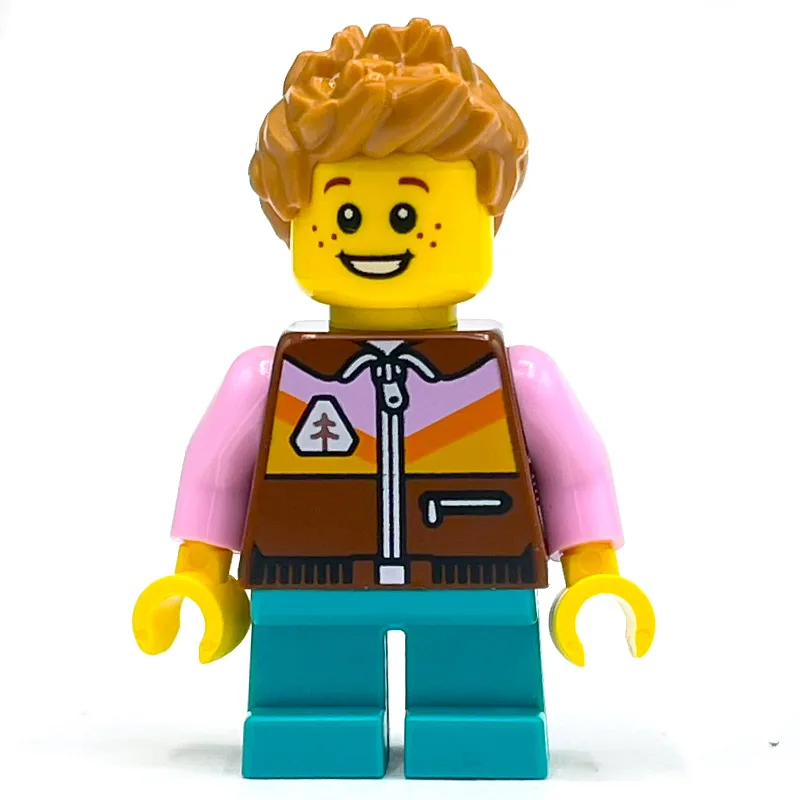 Boy, Reddish Brown Jacket, Dark Turquoise Legs — minifigurine LEGO | Brick Broker