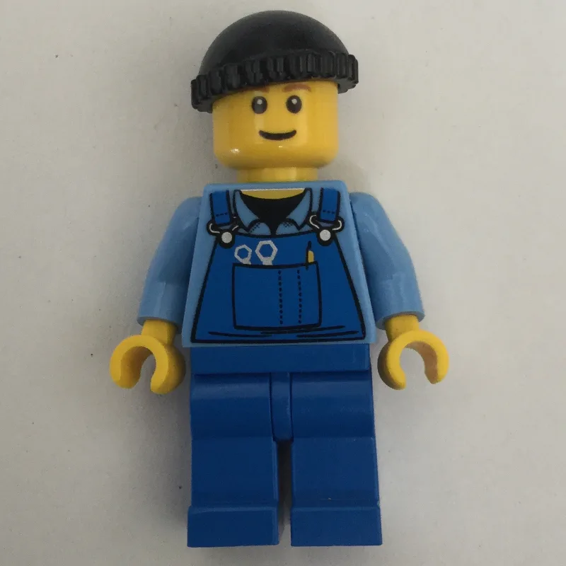 Man, Blue Overalls over Shirt, Blue Legs, Bla… — minifigurine LEGO | Brick Broker