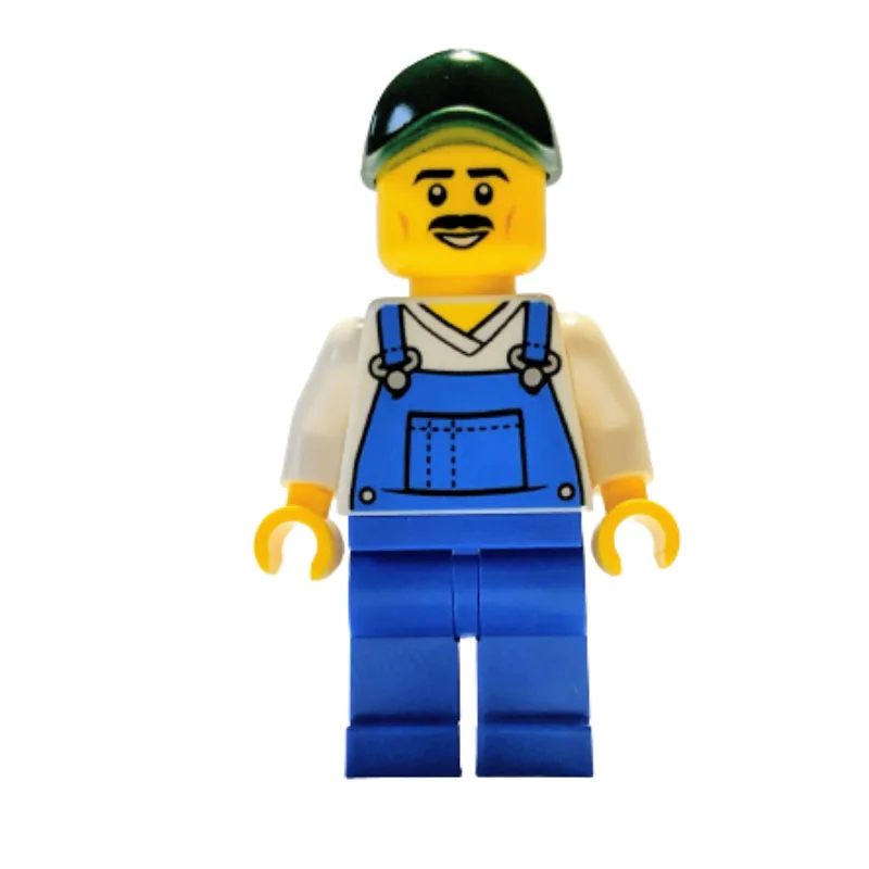 Blue Overall, White Torso, Dark Green Cap — minifigurine LEGO | Brick Broker
