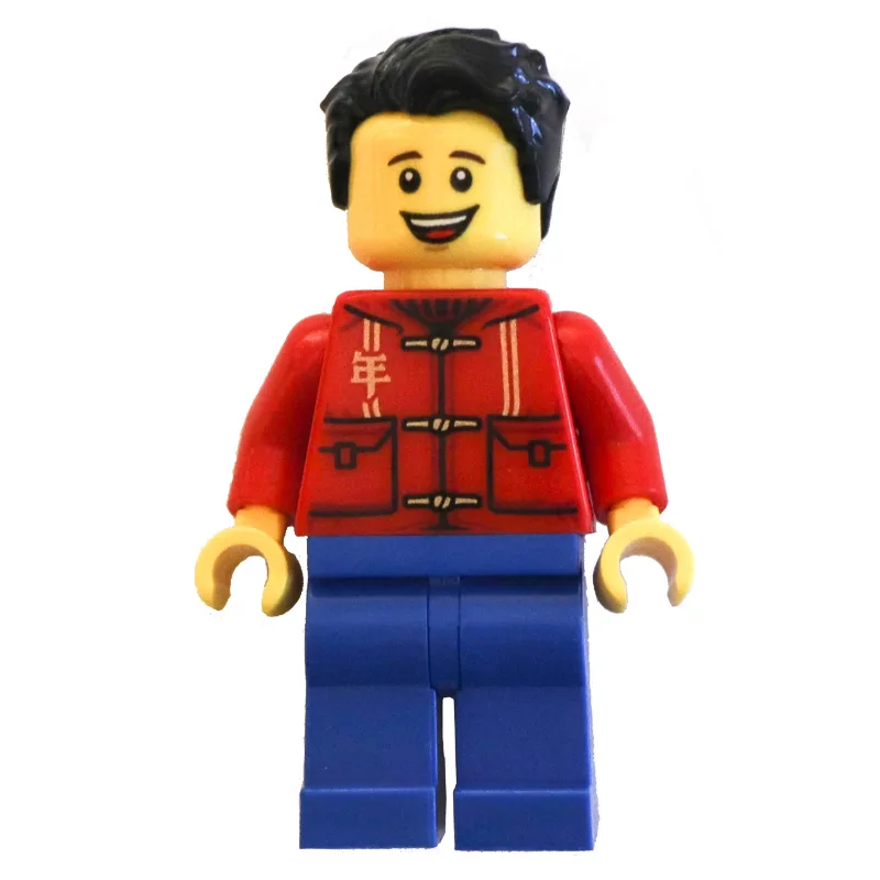 Red Torso, Blue Legs, Black Hair, Tan Bag — minifigurine LEGO | Brick Broker