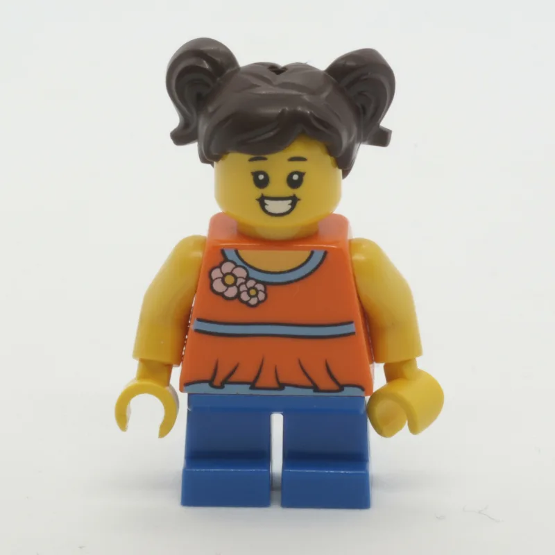 Girl, Orange Top, Short Blue Legs, Brown Hair — minifigurine LEGO | Brick Broker