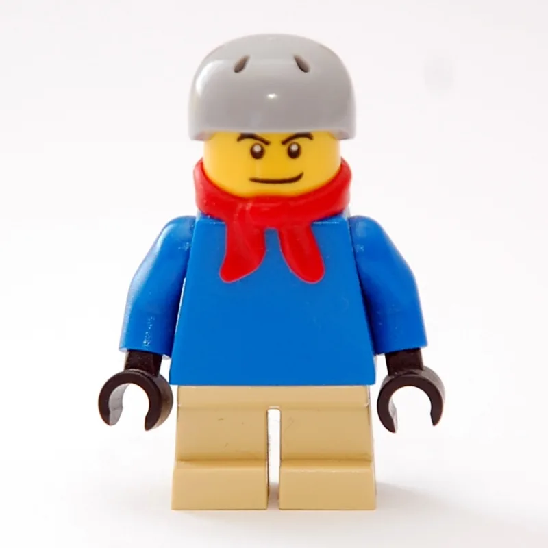 Boy, Plain Blue Torso, Short Tan Legs, Red Sc… — minifigurine LEGO | Brick Broker
