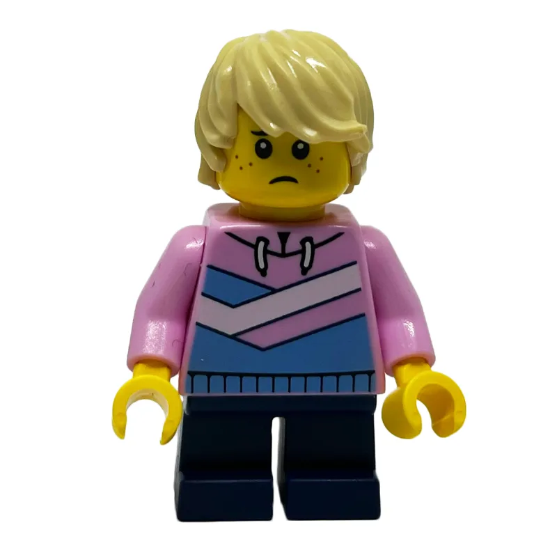 Boy, Bright Pink Jacket, Dark Blue Short Legs… — minifigurine LEGO | Brick Broker