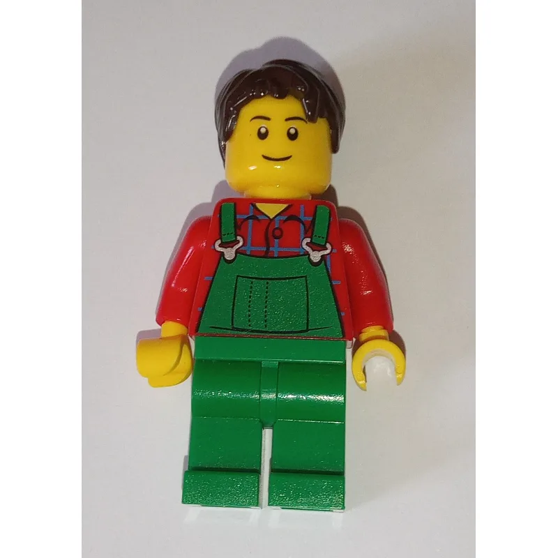 Red Torso, Green Overall, Dark Brown Hair — minifigurine LEGO | Brick Broker