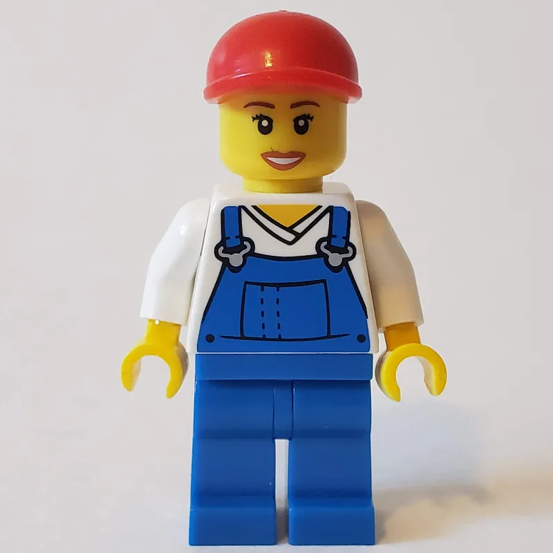 White Torso, Blue Overall, Red Cap, Female — minifigurine LEGO | Brick Broker