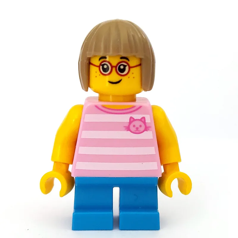 Girl, Bright Pink Striped Top with Cat Head,… — minifigurine LEGO | Brick Broker
