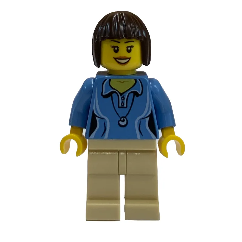 Medium Blue Torso, Tan Legs, Dark Brown Hair — minifigurine LEGO | Brick Broker