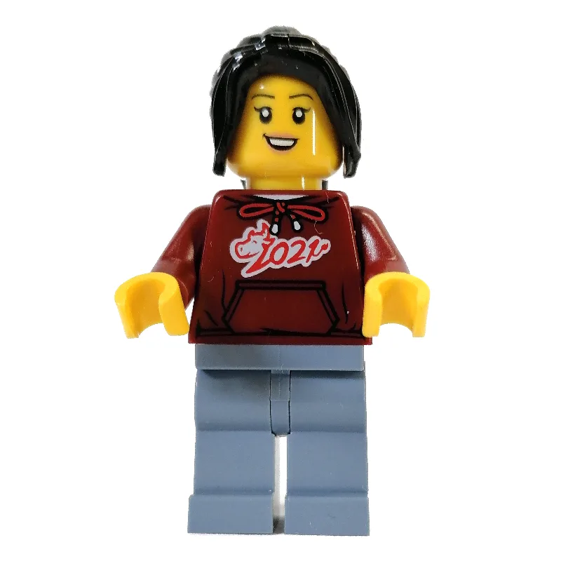 Dark Red Torso, Sand Blue Legs, Black Long Ha… — minifigurine LEGO | Brick Broker