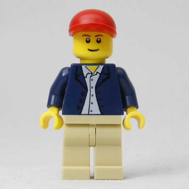 Man, Open Dark Blue Jacket, Tan Legs, Red Cap — minifigurine LEGO | Brick Broker