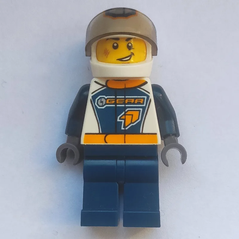 Racer, Dark Blue and White Jumpsuit with 'GEA… — minifigurine LEGO | Brick Broker