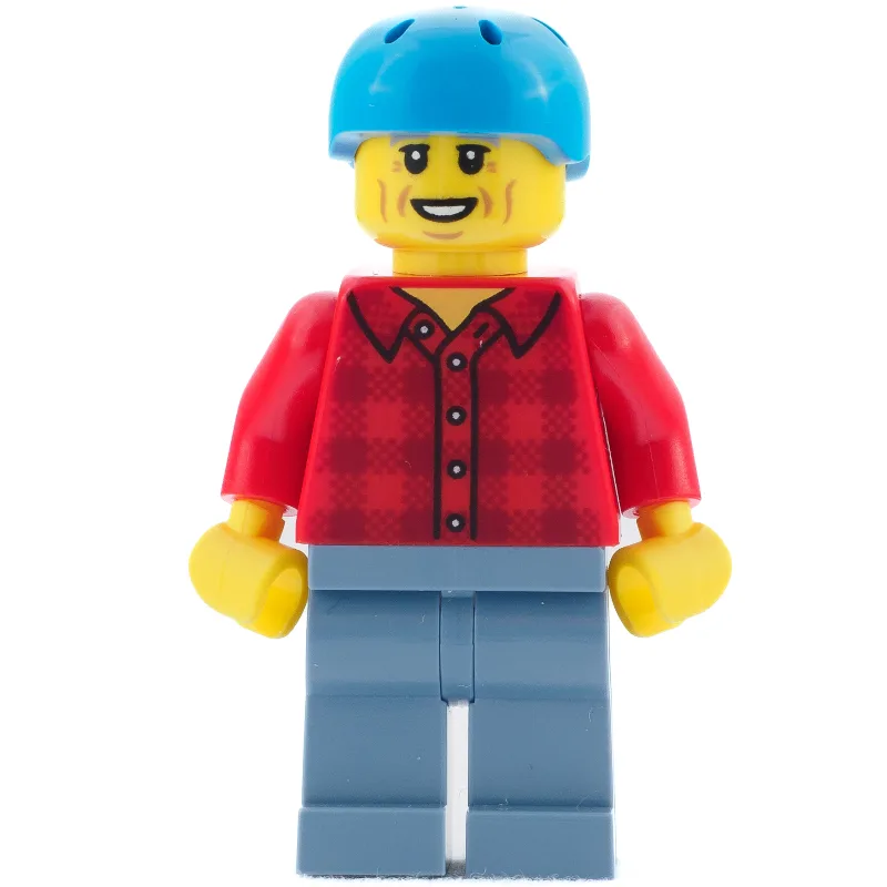 Man, Red Plaid Shirt, Dark Azure Bike Helmet — minifigurine LEGO | Brick Broker