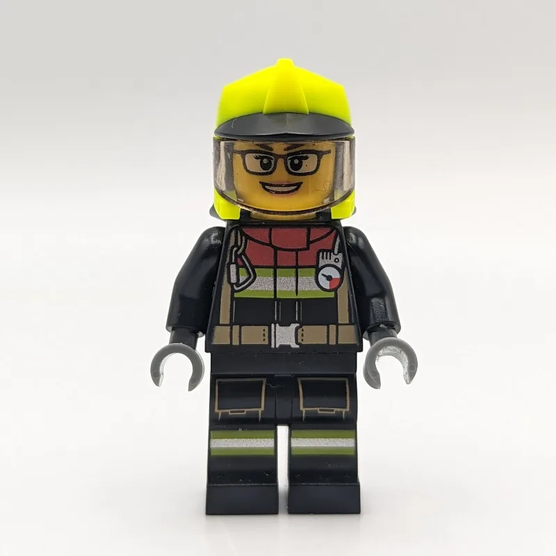 Firefighter, Black Suit, Vibrant Green Helmet… — minifigurine LEGO | Brick Broker