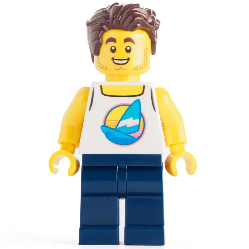 White Torso, Dark BLue Legs, Dark Brown Hair — minifigurine LEGO | Brick Broker