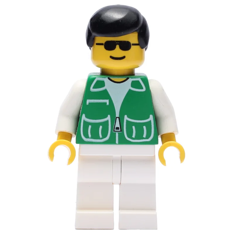 Man, Green Jacket, White Legs, Black Hair — minifigurine LEGO | Brick Broker