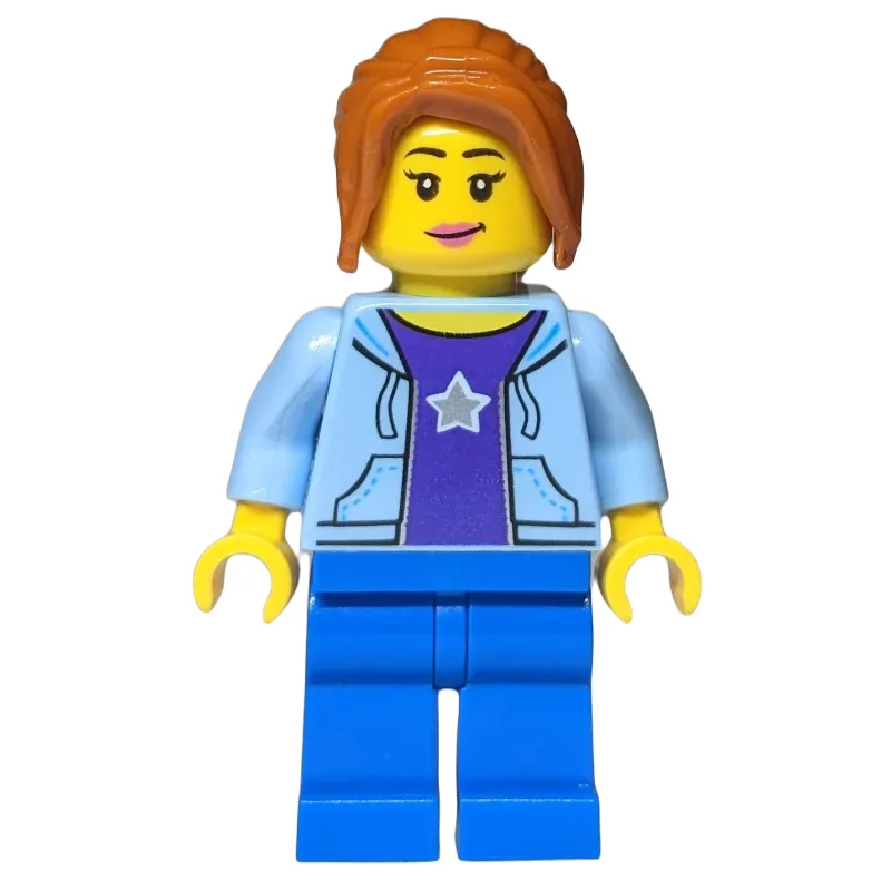 Woman, Open Bright Light Blue Hoodie over Dar… — minifigurine LEGO | Brick Broker