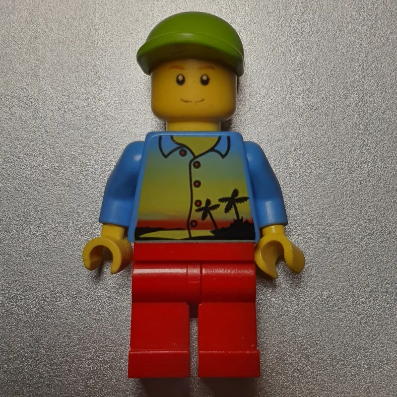 Man, Medium Blue Shirt with Palm Trees and Su… — minifigurine LEGO | Brick Broker