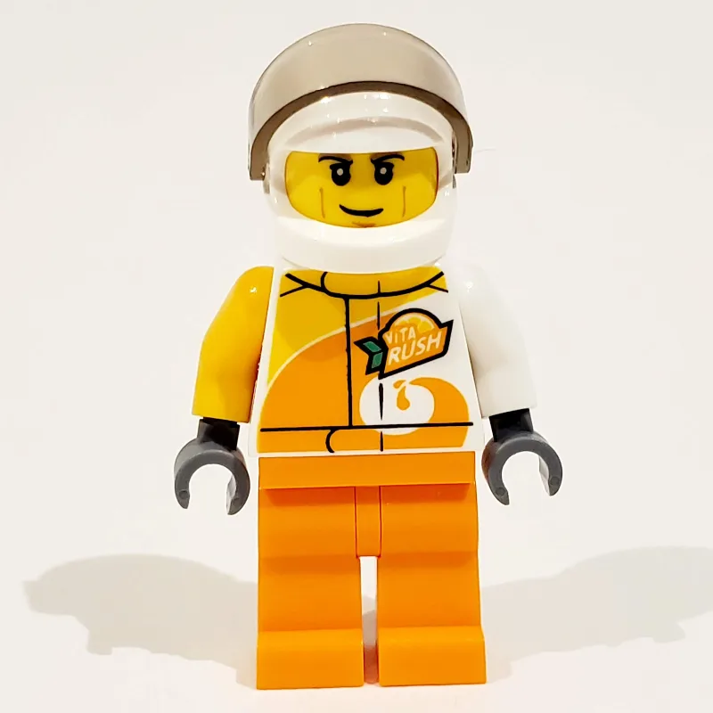 Racer, White and Orange Jumpsuit with 'VITA R… — minifigurine LEGO | Brick Broker