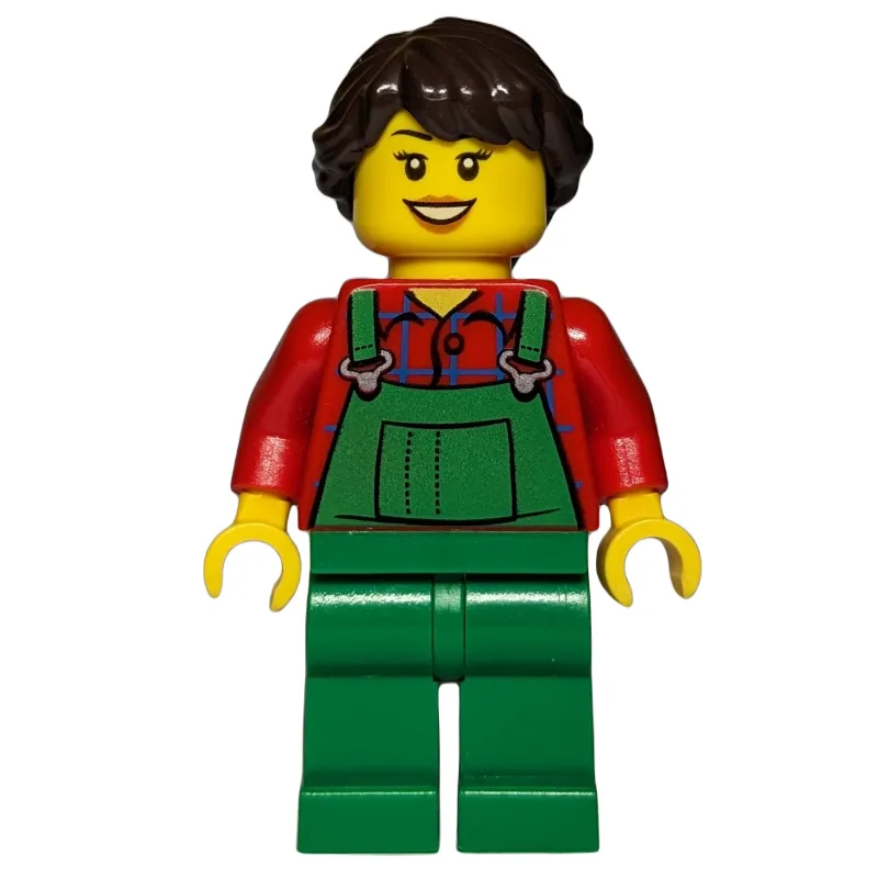 Woman, Green Overalls over Red Paid Shirt, Da… — minifigurine LEGO | Brick Broker