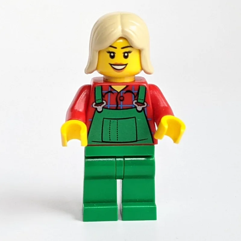 Woman, Green Overalls over Red Paid Shirt, Ta… — minifigurine LEGO | Brick Broker