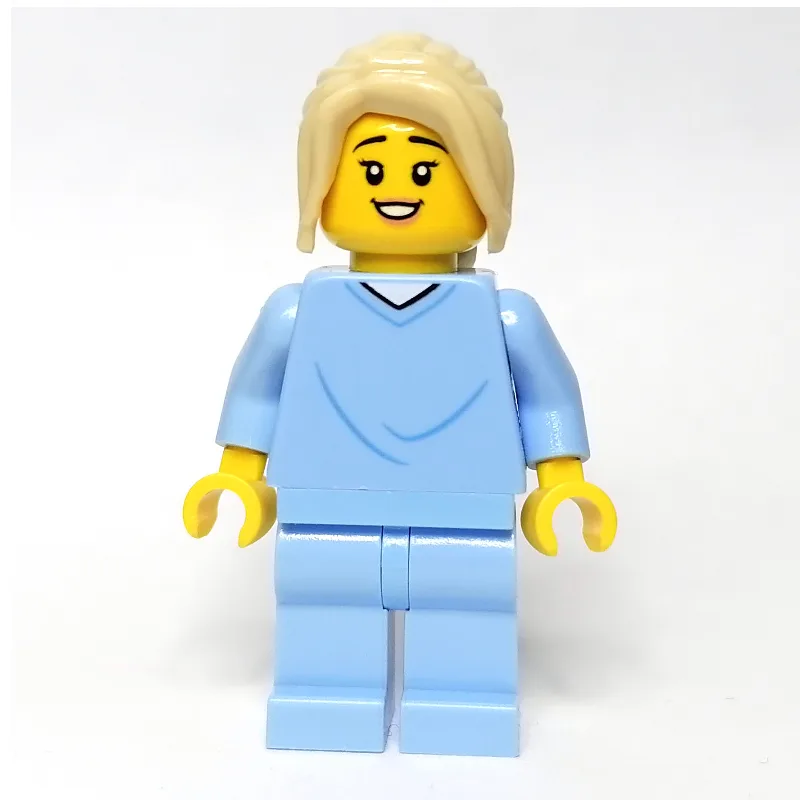Woman, Bright Light Blue Hospital Gown, Tan H… — minifigurine LEGO | Brick Broker