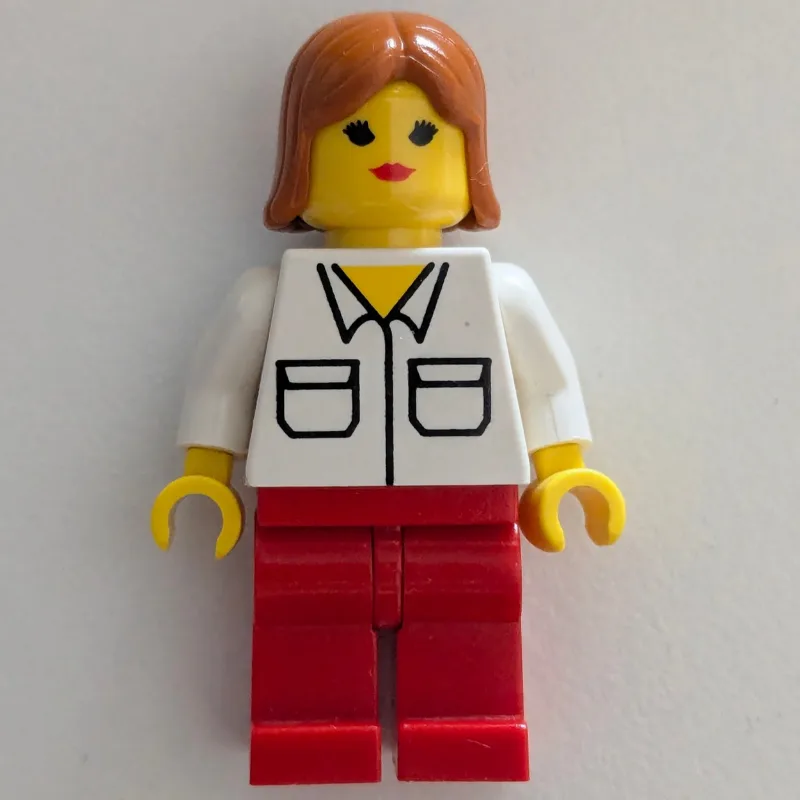 Woman, White Shirt with Pockets, Red Legs, Da… — minifigurine LEGO | Brick Broker