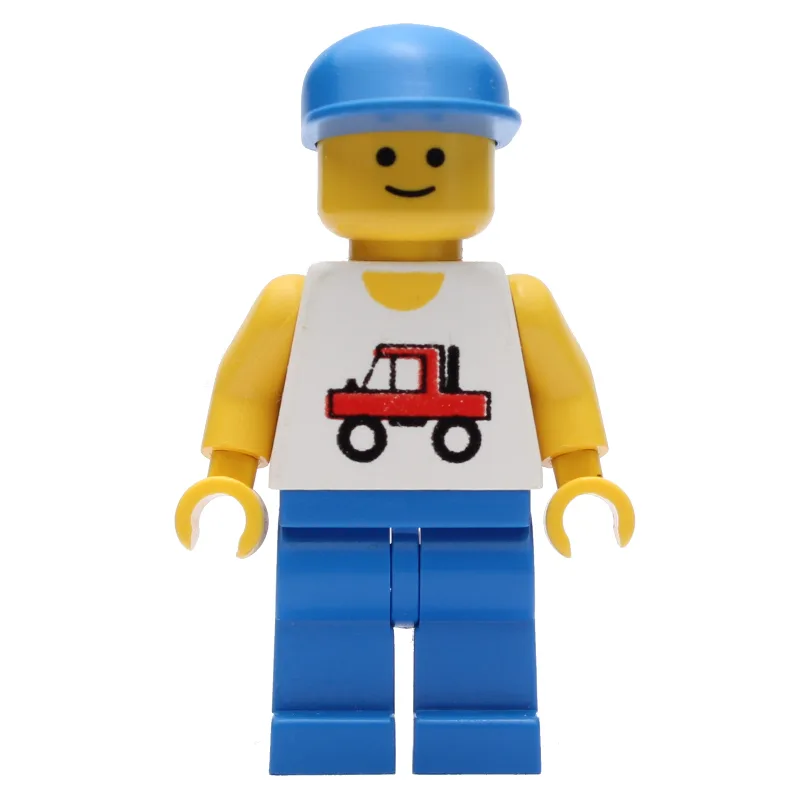 Man, White Vest with Truck, Blue Legs, Blue C… — minifigurine LEGO | Brick Broker