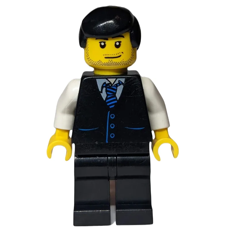 Man, Black Vest over White Shirt with Tie, Bl… — minifigurine LEGO | Brick Broker