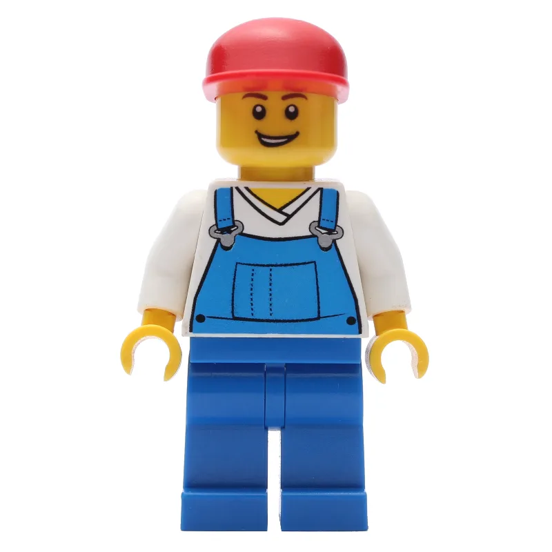 Man, Blue Overalls over White V-Neck Shirt, R… — minifigurine LEGO | Brick Broker