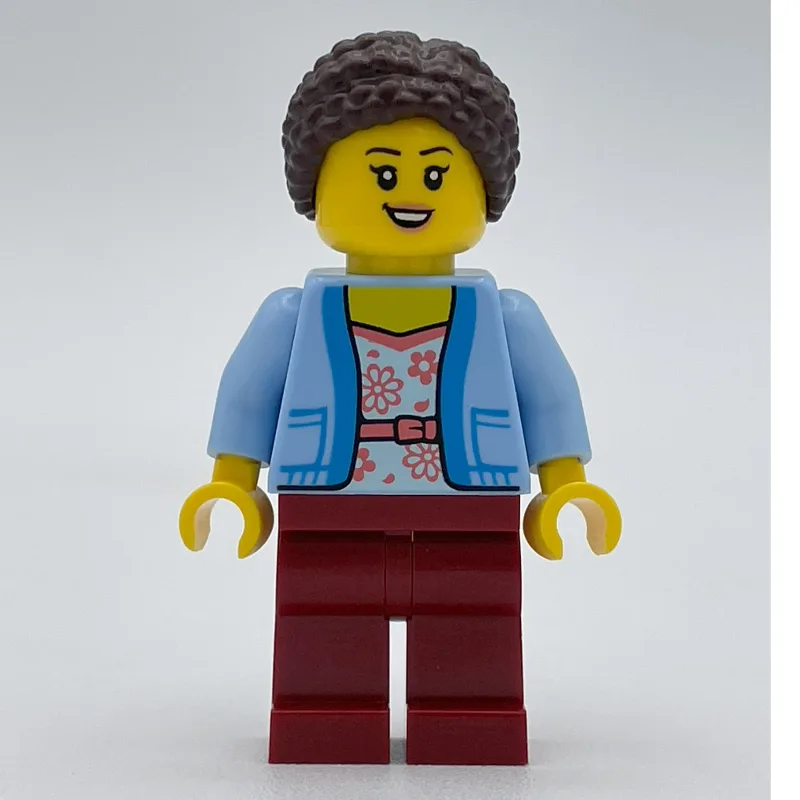 Woman, Bright Light Blue Cardigan, Dark Red L… — minifigurine LEGO | Brick Broker