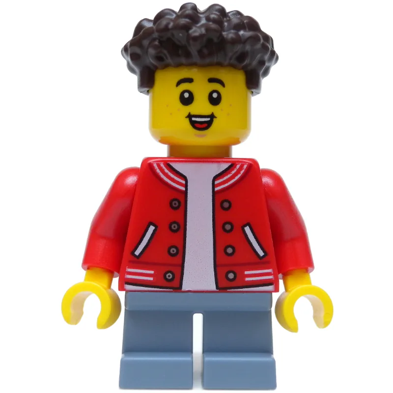 Boy, Red Jacket, Short Sand Blue Legs, Dark B… — minifigurine LEGO | Brick Broker