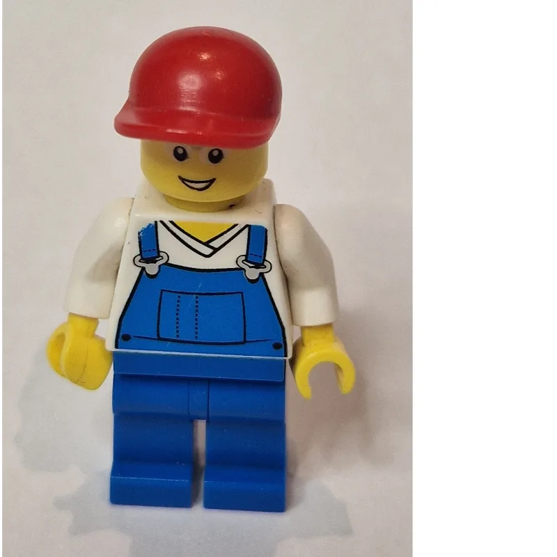 Man, Blue Overalls over White V-Neck Shirt, R… — minifigurine LEGO | Brick Broker