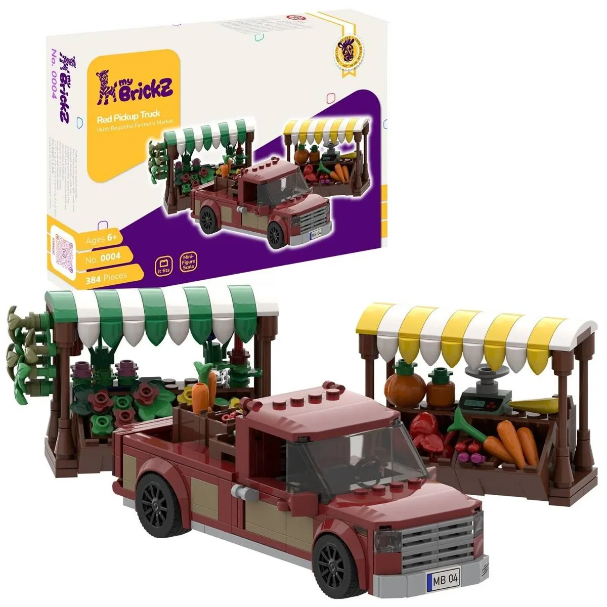 myBrickZ Set de construction de véhicule Pick-up en beau rouge avec deux étals de marché, briques à tenons, briques à emboîtement, compatible avec les grandes marques (MYBRICKZ-0004) - prix | Brick Broker