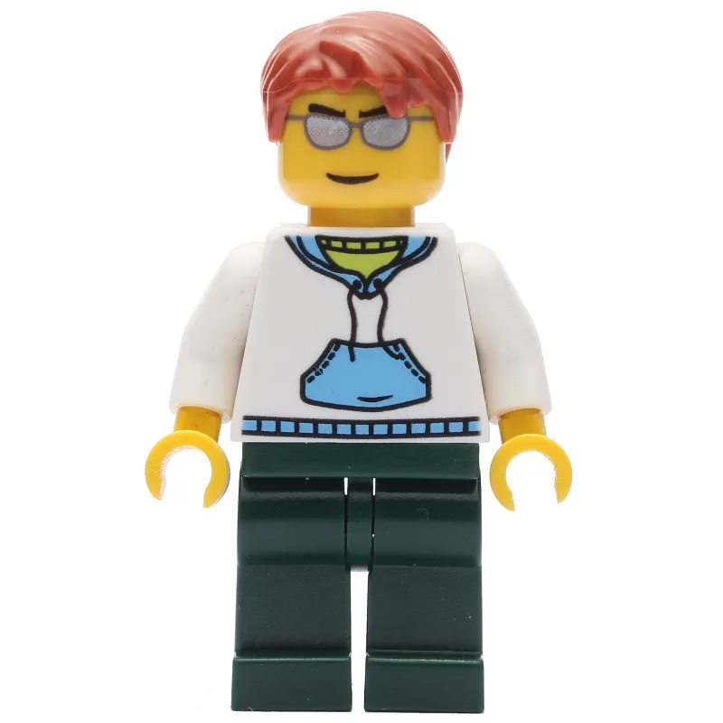 Man, White and Blue Hoodie, Dark Green Legs,… — minifigurine LEGO | Brick Broker