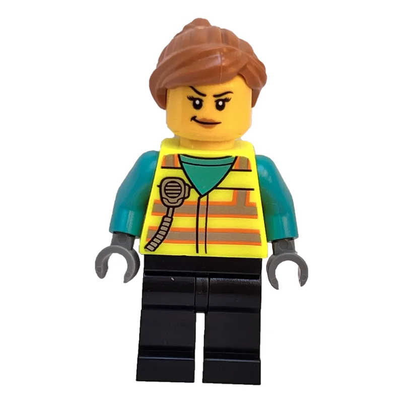 Woman, Vibrant Yellow Safety Vest, Black Legs — minifigurine LEGO | Brick Broker