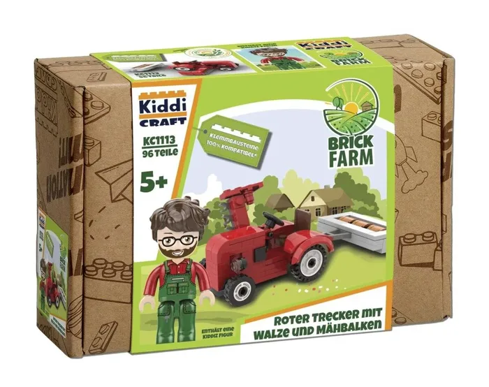 Kiddicraft Tracteur rouge avec rouleau et barre de coupe (KID-KC1113) - prix | Brick Broker