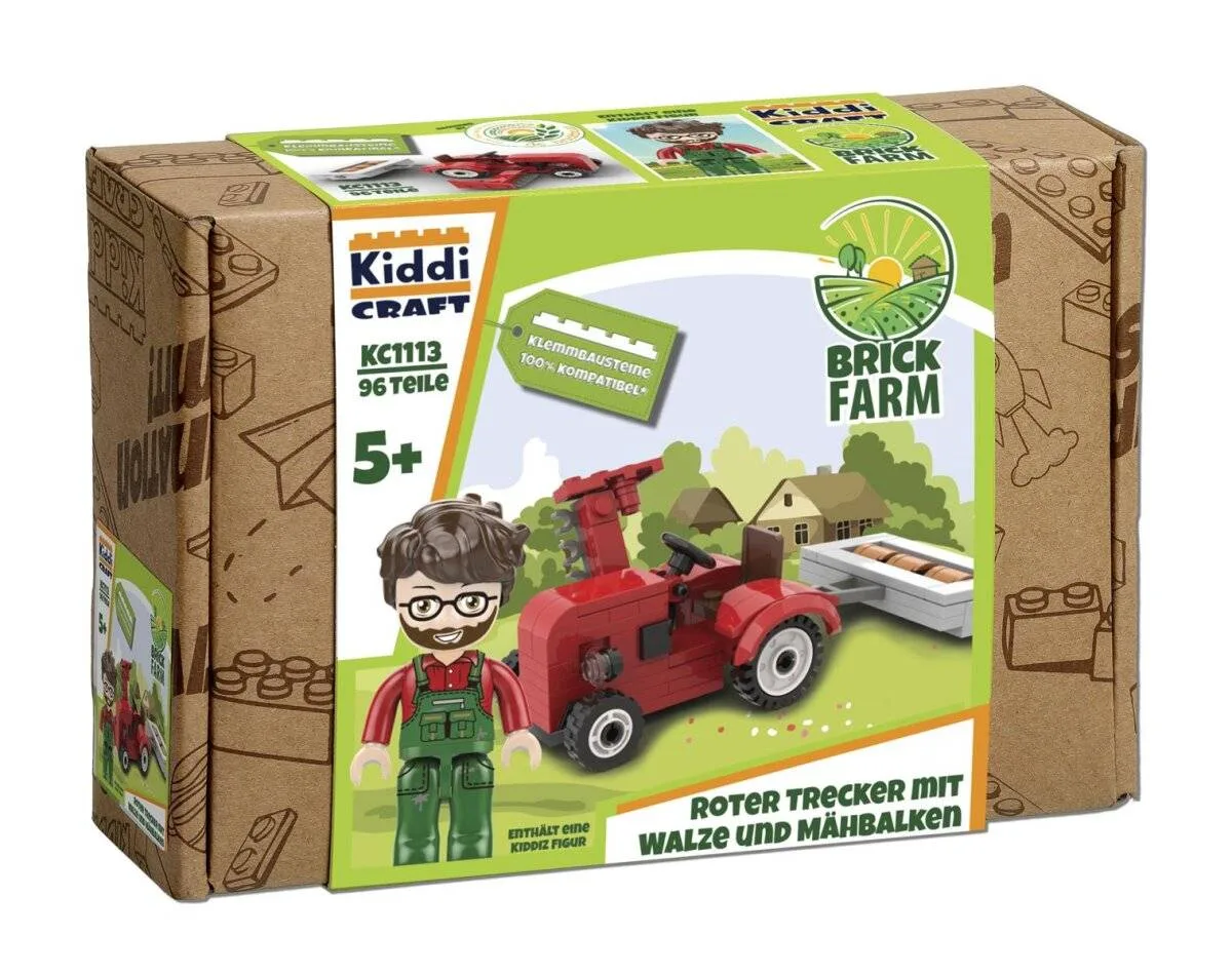 Kiddicraft Tracteur rouge avec rouleau et barre de coupe (KID-KC1113) - prix | Brick Broker