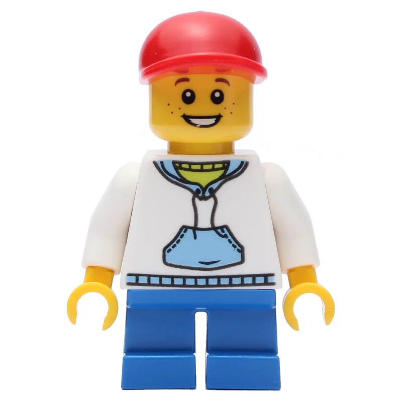 Boy, White and Blue Hoodie, Short Blue Legs,… — minifigurine LEGO | Brick Broker
