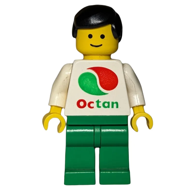 Man, White Top with Large Octan Logo, Green L… — minifigurine LEGO | Brick Broker