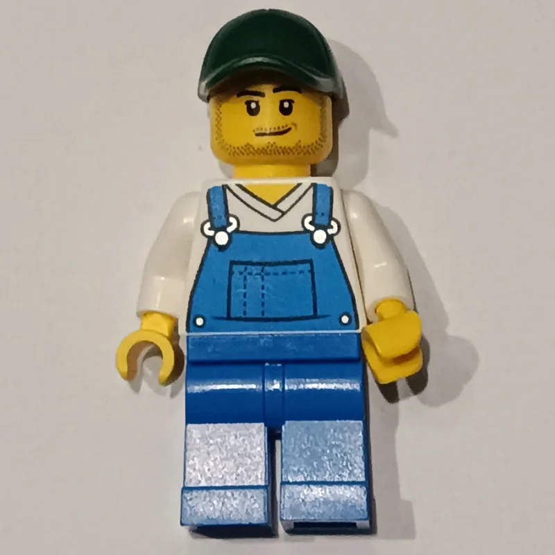 White Torso, Blue Overall, Dark Green Cap — minifigurine LEGO | Brick Broker