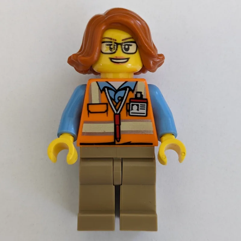 Woman, Orange Safety Vest, Dark Tan Legs, Gla… — minifigurine LEGO | Brick Broker