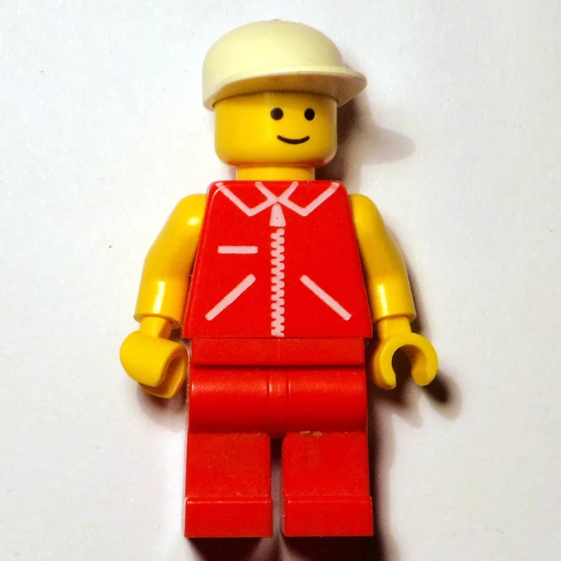 Man, Red Vest with Zipper, Red Legs, White Cap — minifigurine LEGO | Brick Broker