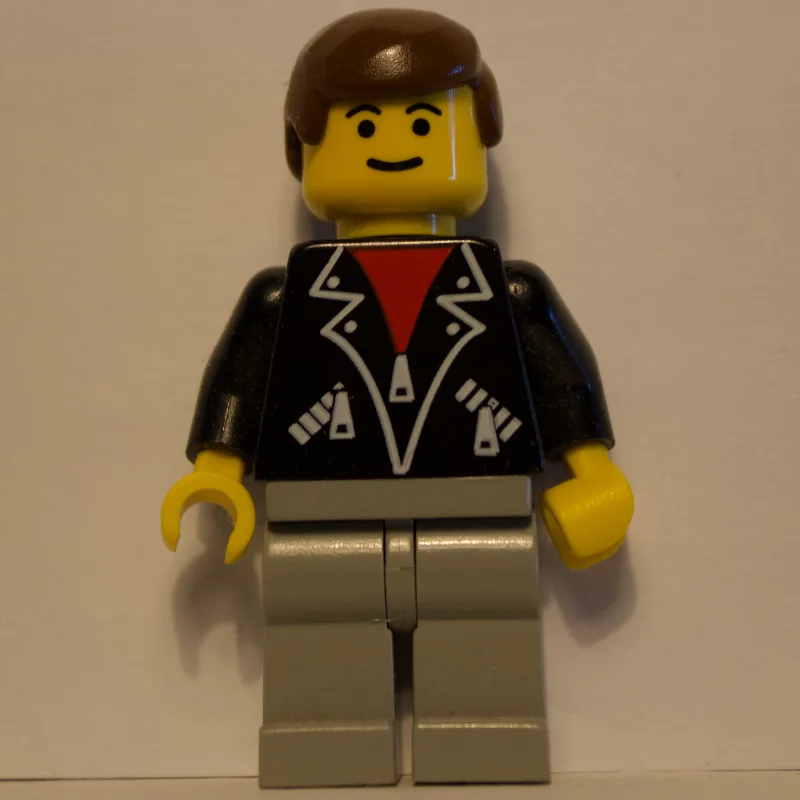 Man, Open Black Jacket over Red Shirt, Light… — minifigurine LEGO | Brick Broker