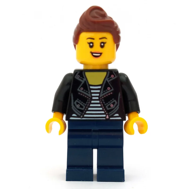 Woman, Open Black Jacket over Black and White… — minifigurine LEGO | Brick Broker