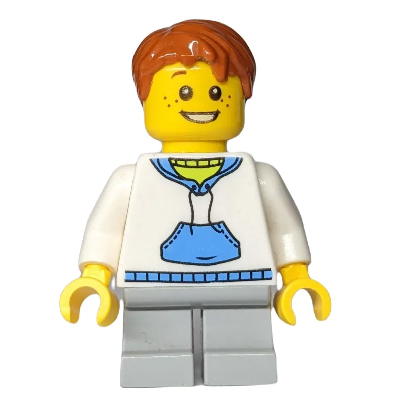 Boy, White and Blue Hoodie, Short Light Bluis… — minifigurine LEGO | Brick Broker