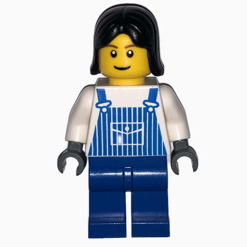 Woman, Blue and White Striped Overalls, Black… — minifigurine LEGO | Brick Broker