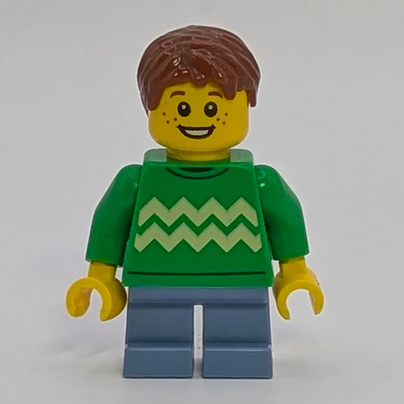 Boy, Bright Green Sweater, Short Sand Blue Le… — minifigurine LEGO | Brick Broker