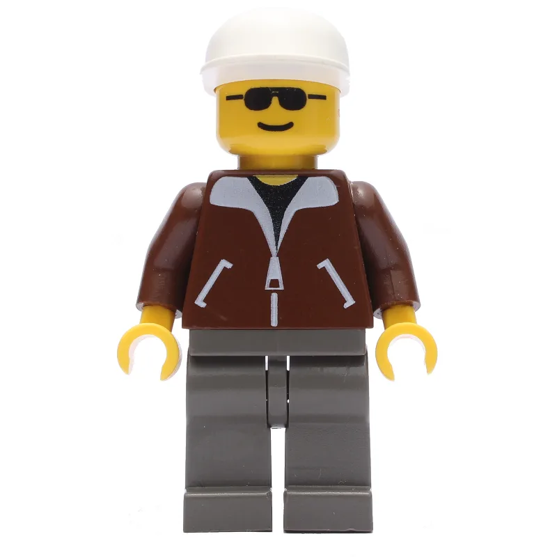 Man, Brown Jacket, Dark Gray Legs, White Cap — minifigurine LEGO | Brick Broker