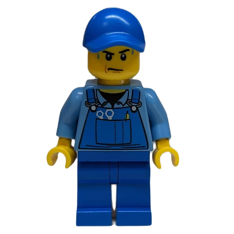 Man, Blue Overalls over Shirt, Blue Legs, Bla… — minifigurine LEGO | Brick Broker